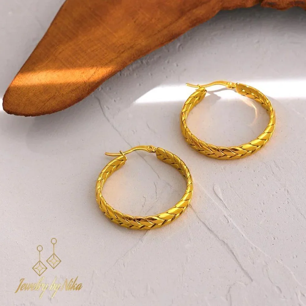 NEW 14K Yellow Gold Elyvian Boho Twisted Chain Statement Luxury Hoop Earrings